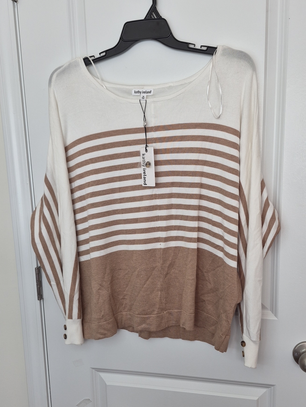 kathy ireland Cream and Tan Striped Lightweight Sweater Size 3X